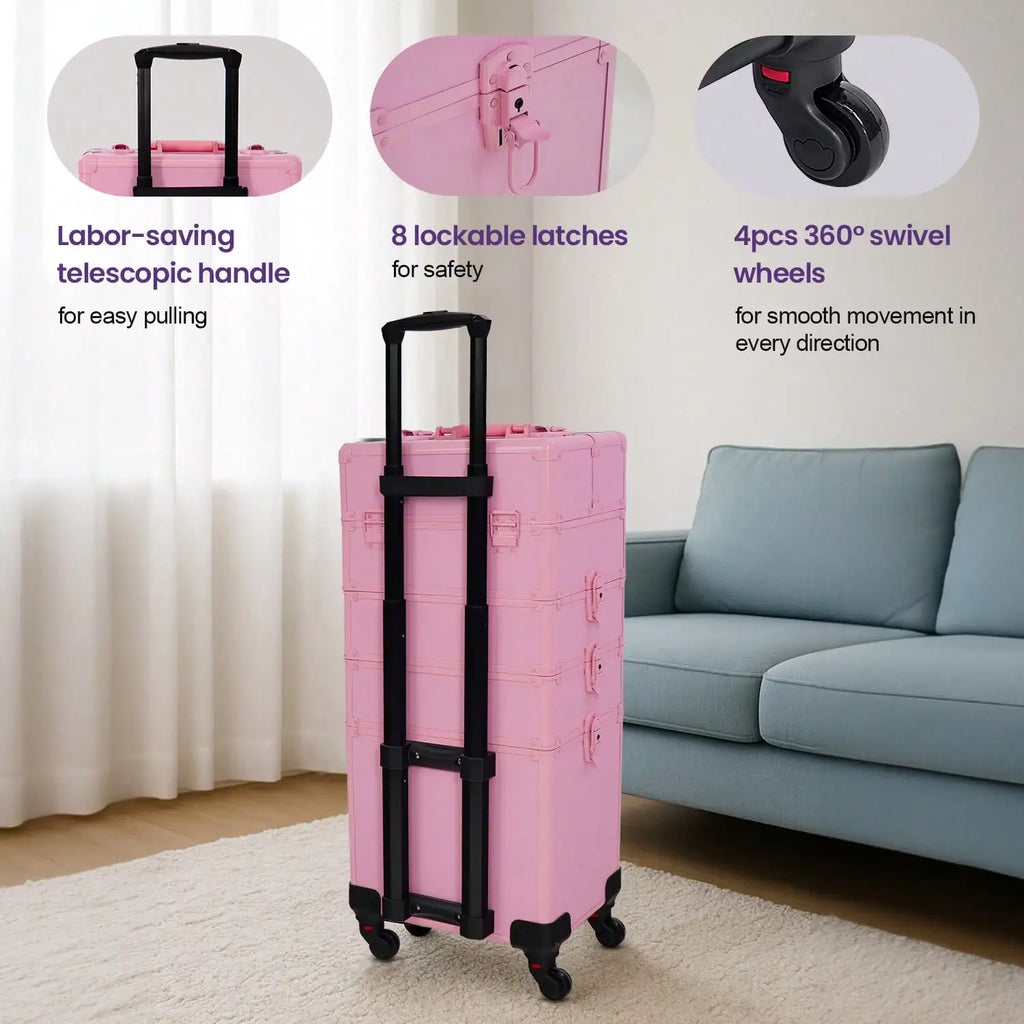 Rolling Makeup Train Case 4 in 1 Cosmetology Case on Wheels, Large Cosmetic Organizer with Lid & Lock, Professional Travel Makeup Trolley for Salon Barber, Pink