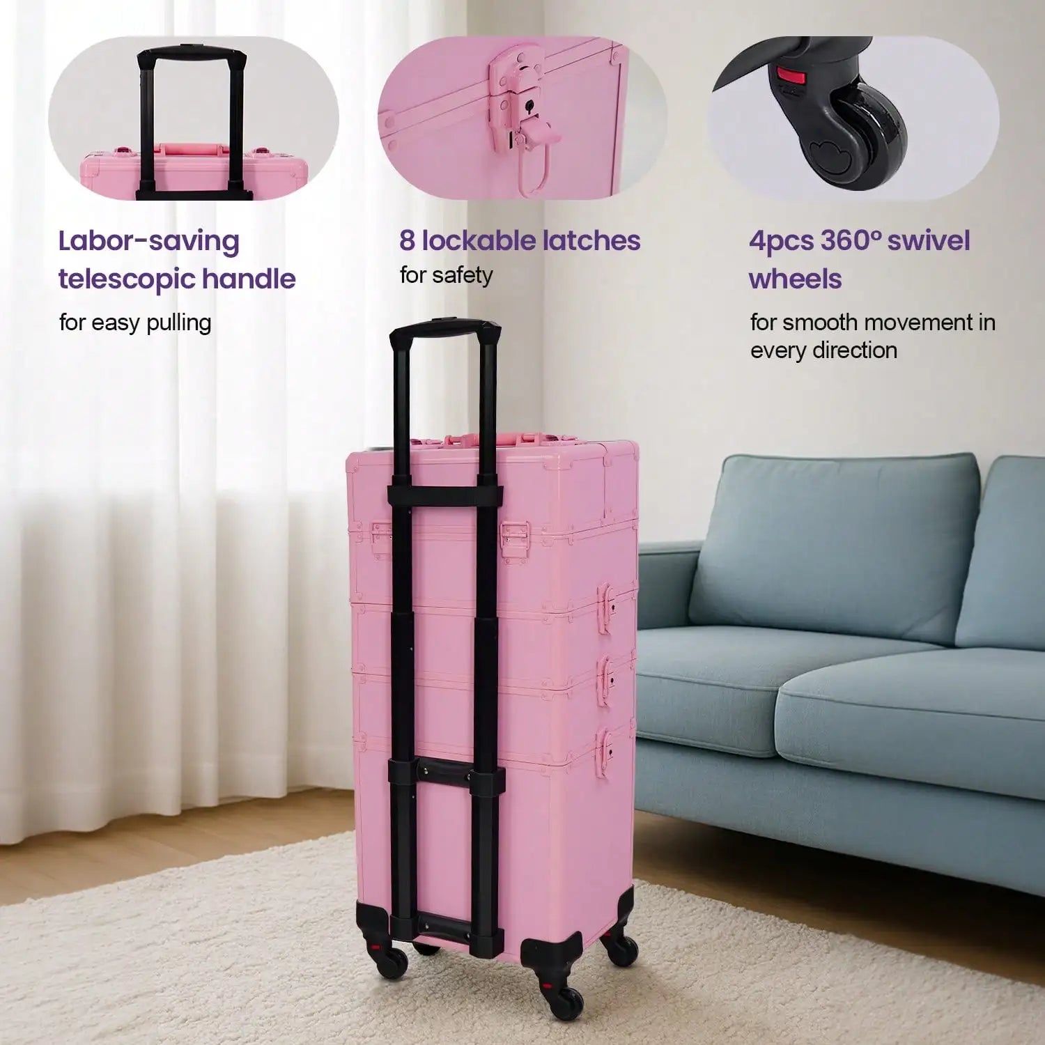 Rolling Makeup Train Case 4 in 1 Cosmetology Case on Wheels, Large Cosmetic Organizer with Lid & Lock, Professional Travel Makeup Trolley for Salon Barber, Pink