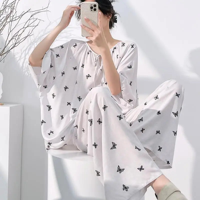 Hot 2026 Spring Summer New Women Cool Comfort Sleepwear Set Fashion Printed Loose Wide Leg Pants Large Home Clothes Two Pieceset