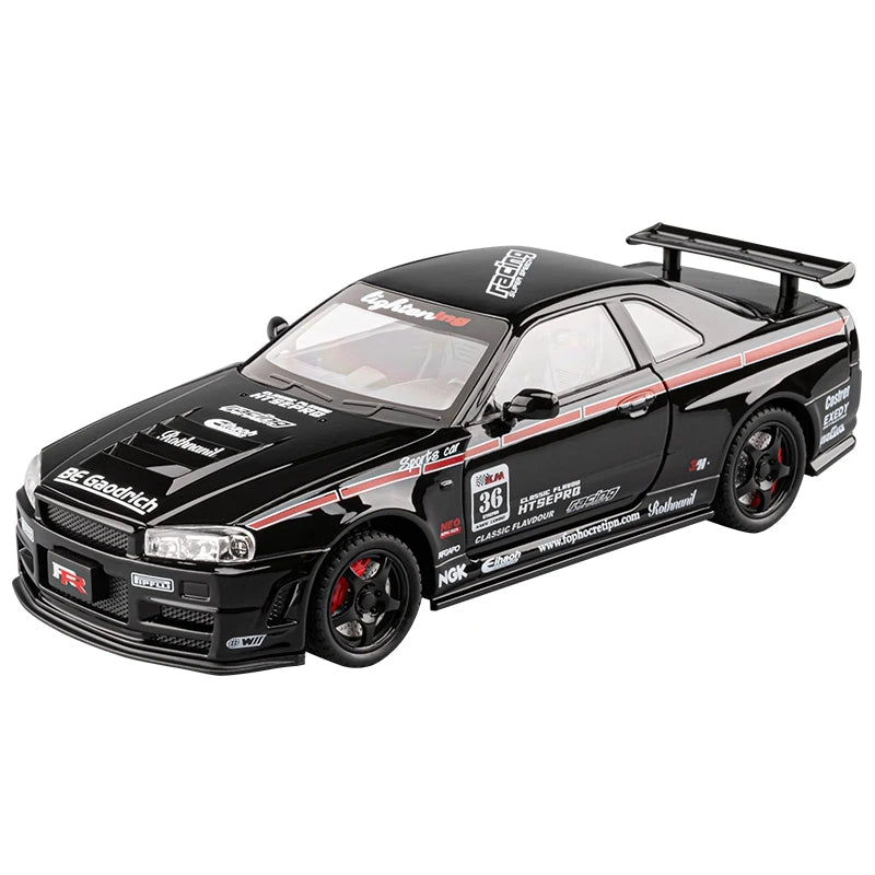 1:24 simulation Nissan GTR-R34 alloy car model doors and engine hood, trunk can be opened rich in details, finely crafted