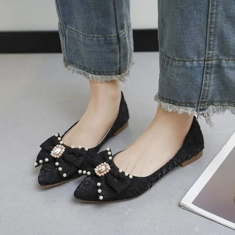 Flat Shining Shoes Womens 2026 New Bow Knot Rhinestone Fairy Style Casual Commuting Womens Comfortable Shoes Woman Shoes