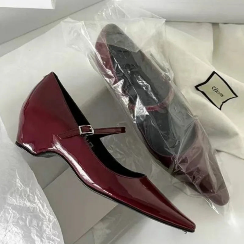 2026 New Arrival Sweet Elegant Shoes Women Wedge Heel Mary Jane Shoes Pointed Toe Women's Shoes Metal Buckle Trim Sandals 5413