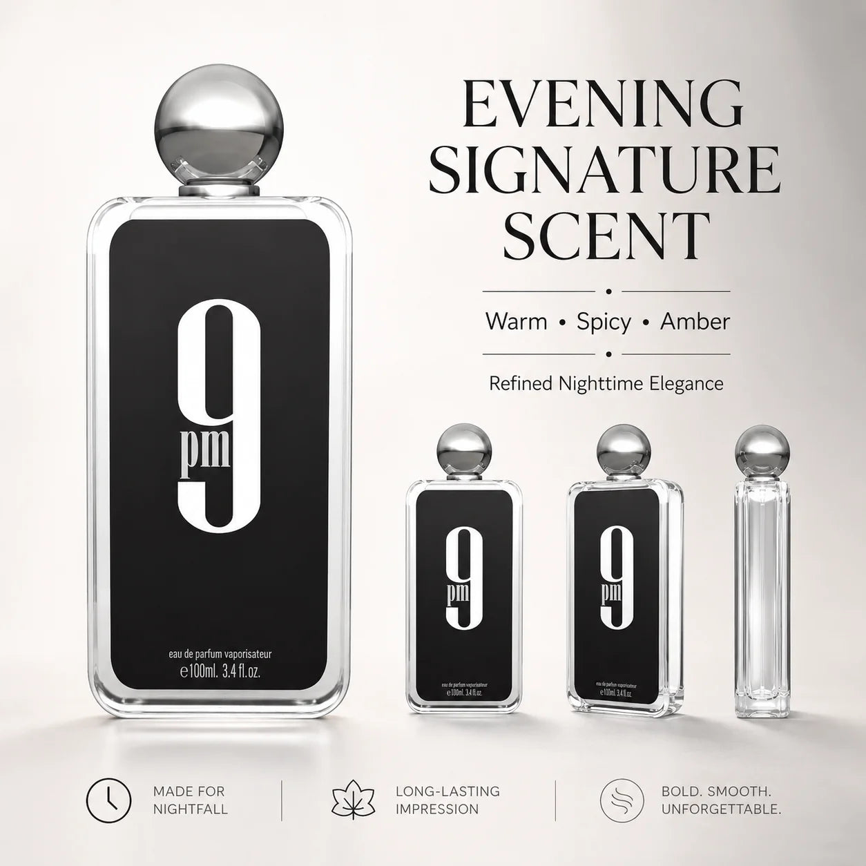 Afnan 9 PM Men Eau De Parfum Transparent Square Bottle Silver Round Cap Luxury Arabian Woody Scent Long Lasting Fragrance 100ml Mens Cologne Perfume Gift Set For Male