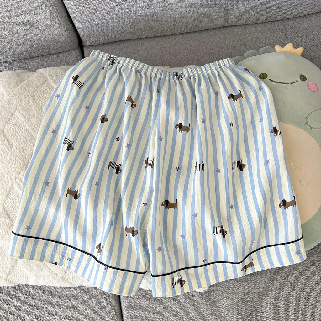 Women's Summer Pajamas, Thin Striped Puppy Pattern Short-Sleeved Shorts, Sweet and Cute, Can Be Worn Outside in Summer Home Wear