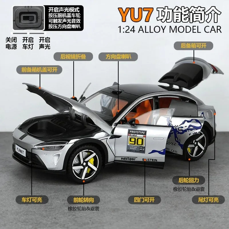 1:24 YU7 Diecast Alloy Electric Car Model with Graffiti Livery Full Open Doors Shock Absorption for Car Collectors Hobby Display