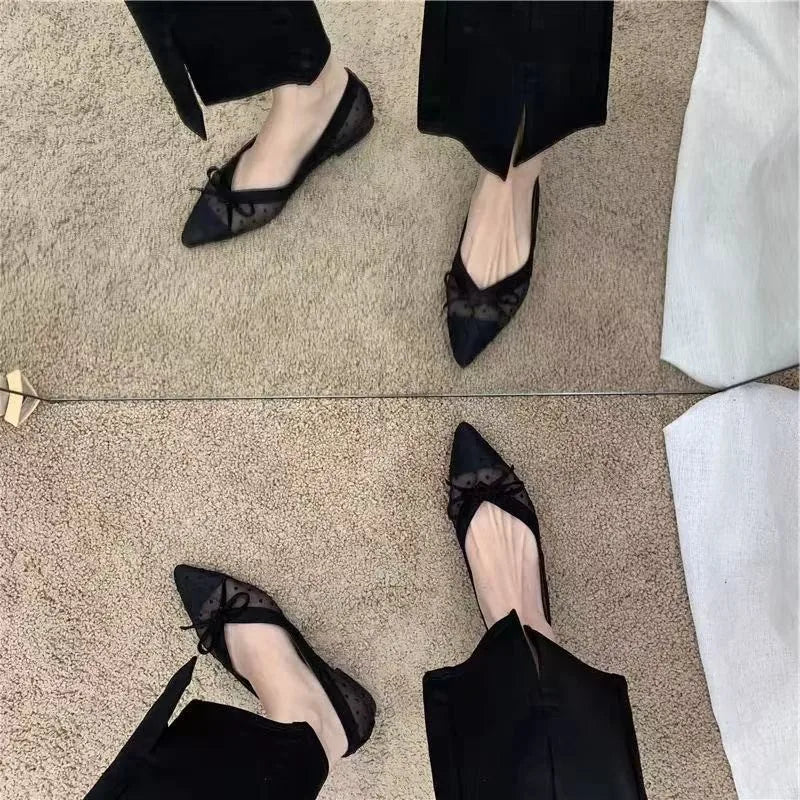 2026 Summer New Polka Dot Single Shoe Air Mesh Pointed Toe Butterfly Knot Soft Bottom Shallow Mouth Flat Heels Casual Women Shoe