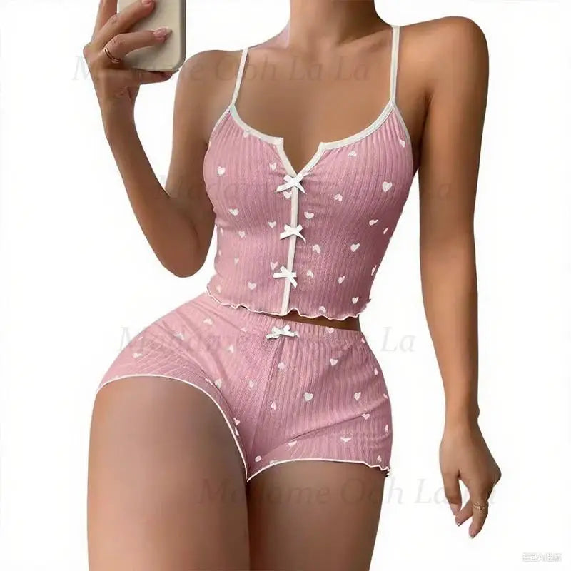 Sexy Heart Print Pajama Set for Women Sleepwear Silk Stain V-Neck Sleeveless Casual Cami Top and Shorts Sets Loungewear
