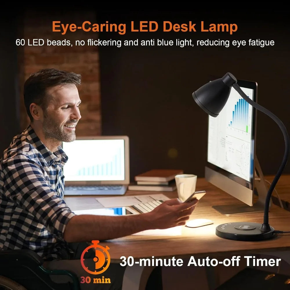 Desk Lamp with USB Charging Ports and Timer Black Lighting Options