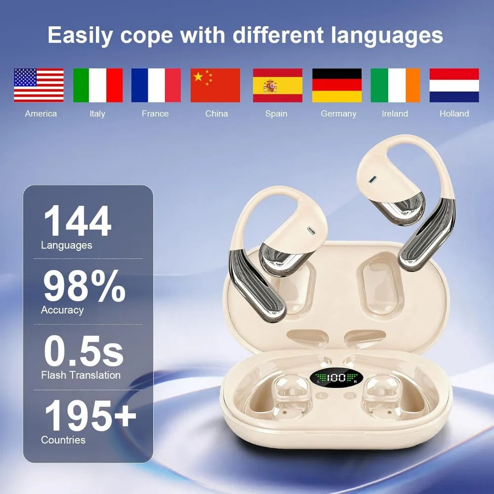 144 Language Real-time Translation Wireless Bluetooth Earbuds, Open Ear Design, with Charging Case, Suitable for Travel