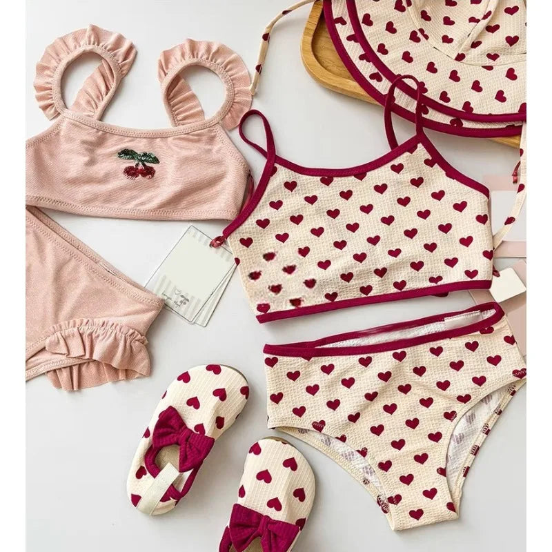Girls Sun Hat Simple Color Contrast Heart Print Fashionable Fisherman Hat Cute Set Kids Beach Swimwear Bikinis Baby Swimsuits