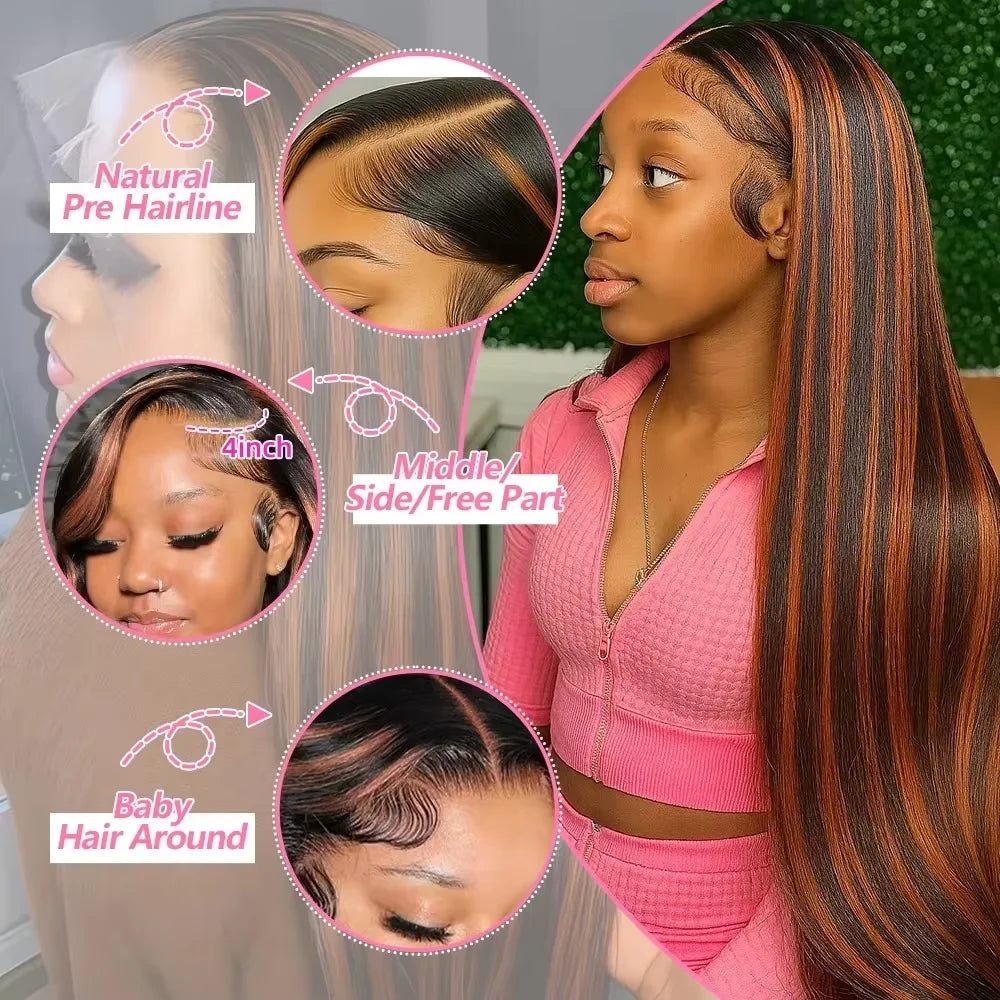 FB30 Bone Straight Human Hair 13x4 HD Transparent Lace Front Wig Brazilian Human Hair Pre Plucked Bleached Knots Glueless Wig For Black Women No Shed No Tangle 30 40 Inch