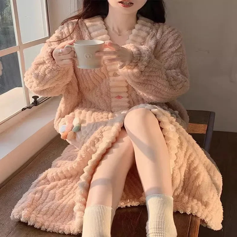 Women's Padded Thickened Warm Robe Winter Long-Sleeved Nightgown Flannel One Piece Pajamas Ladies Large Size Floral Bathrobe
