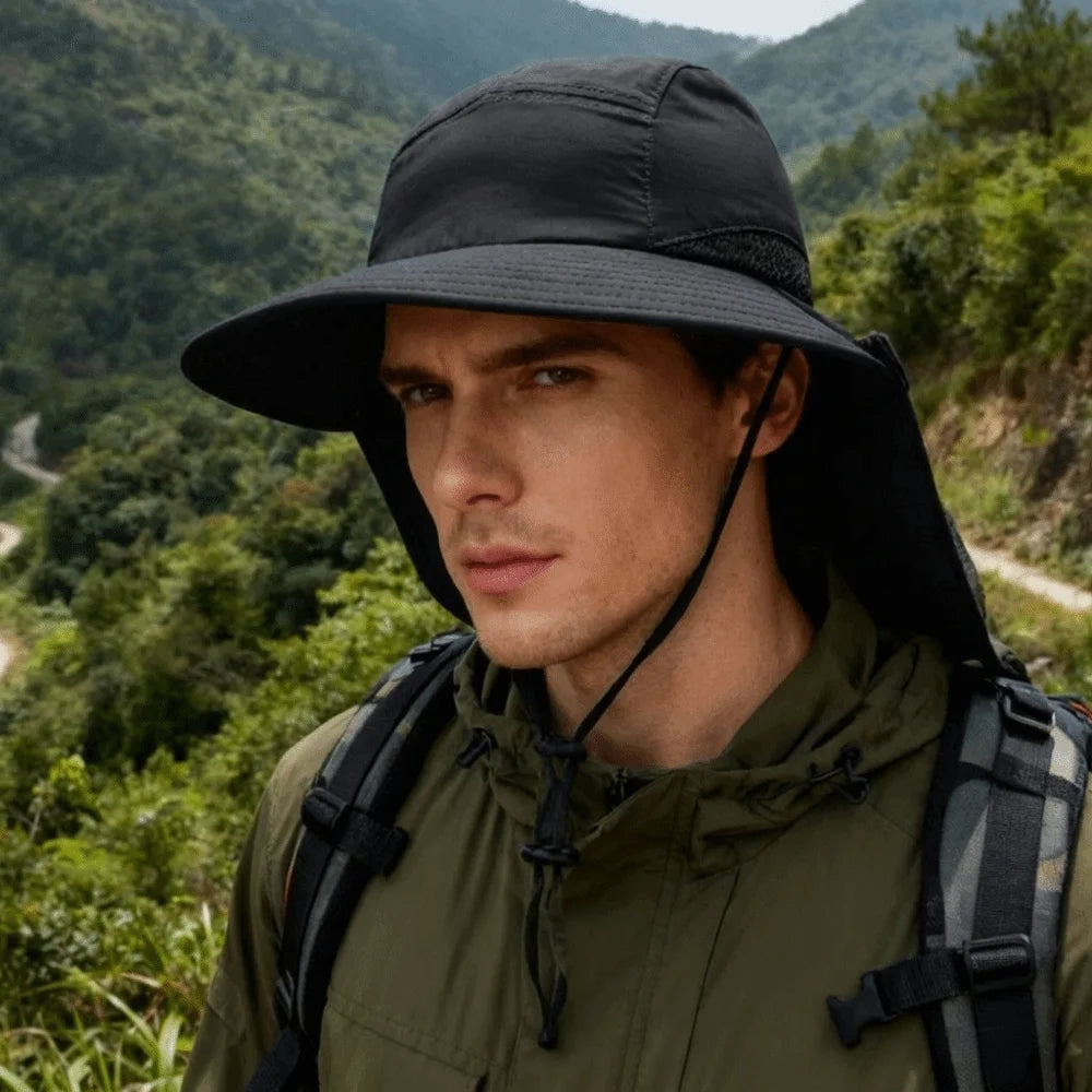 Fashion Wide Brim Outdoor Sun Hat Adjustable with Neck Flap Fisherman Cap Quick-drying Breathable Bucket Cap Beach