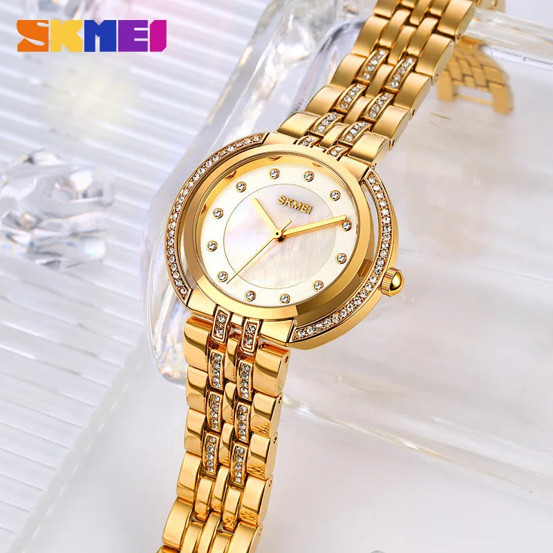 Womens Bracelet Quartz Watches Luxury Rhinestone Dial Zinc Alloy Band Analog Display 3 Bar Waterproof Fashion Wristwatch