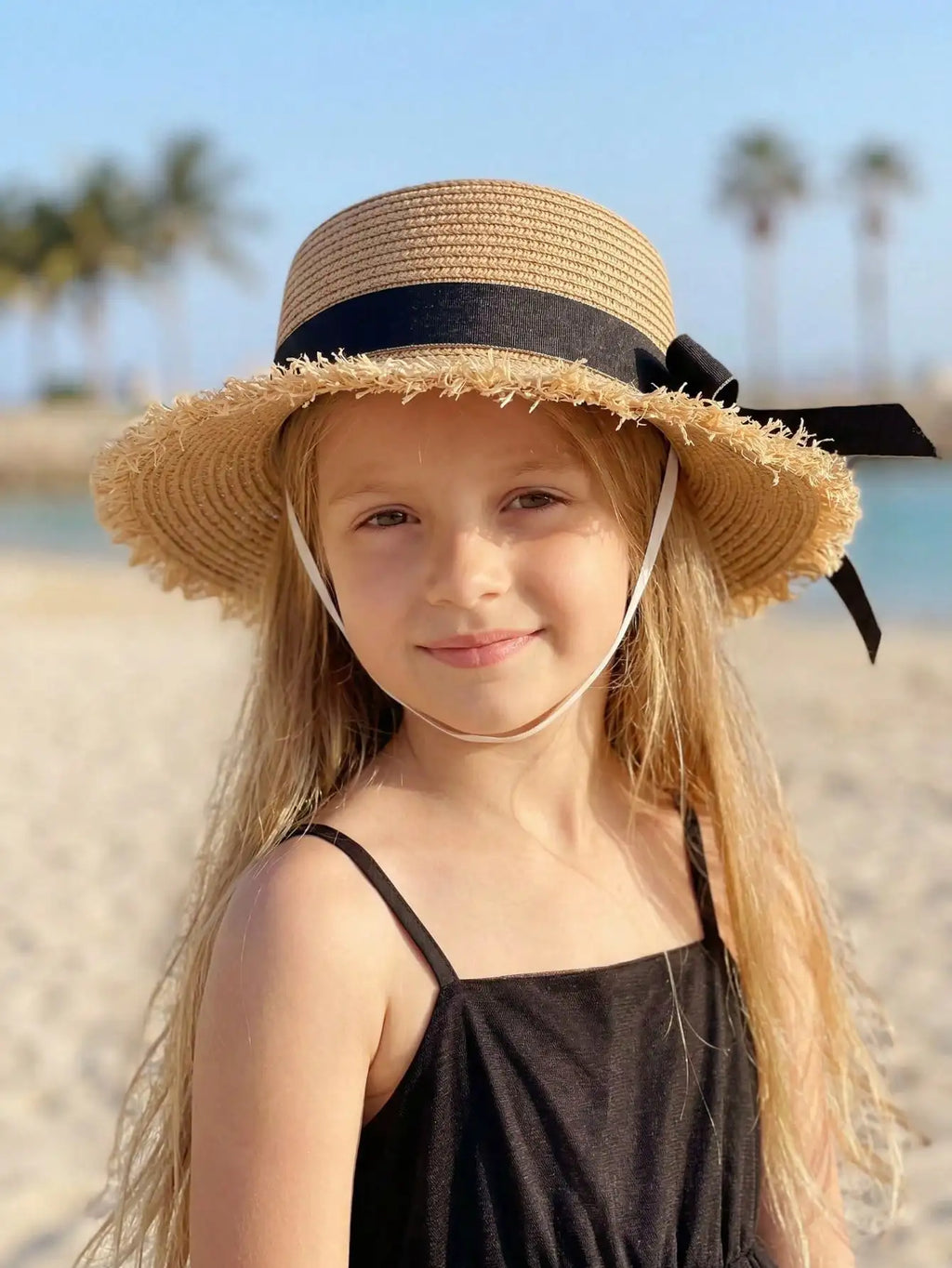 1Pc 3-8Y Girls Coffee Broken Brim Straw Hat Flat Top With Black Ribbon Lightweight Breathable Summer Sun Hat