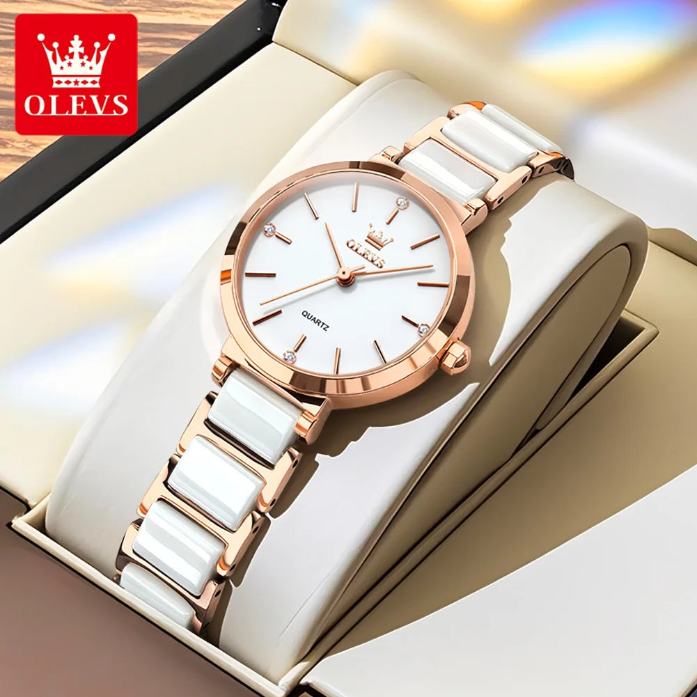 OLEVS Women Watch 5877 Luxury Elegant Quartz Watch Waterproof Luminous Ceramic Strap Ladies Watch Bracelet Set Gift Box Reloj