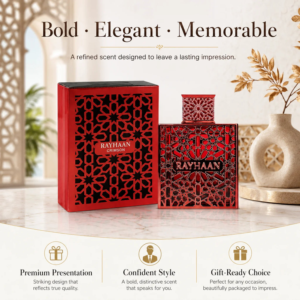 Rayhaan Crimson Red Hollow Carved Geometric Metal Bottle Men Perfume Luxury Arabian Oriental Eau De Toilette Long Lasting Fragrance Mens Cologne Gift Set For Male