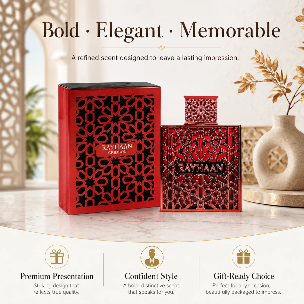 Rayhaan Crimson Red Hollow Carved Geometric Metal Bottle Men Perfume Luxury Arabian Oriental Eau De Toilette Long Lasting Fragrance Mens Cologne Gift Set For Male