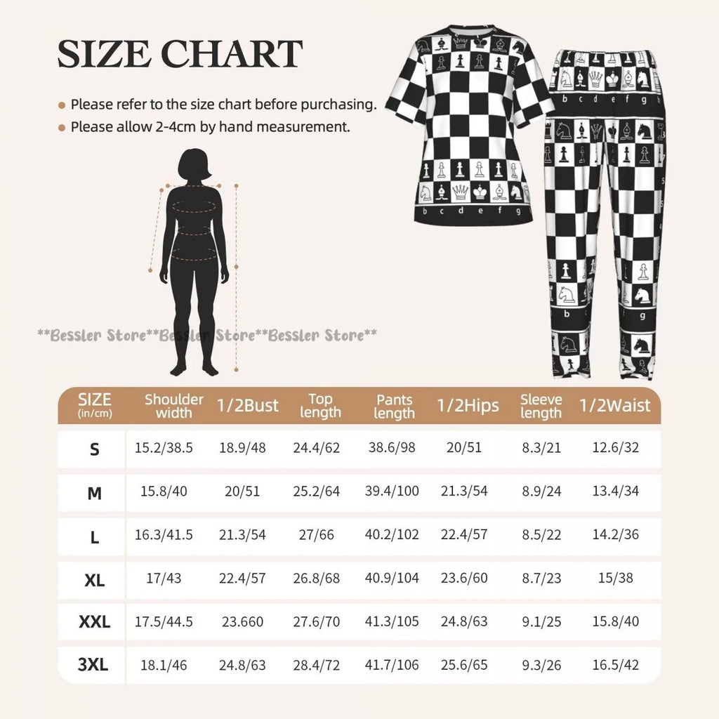 Women's Pajamas Set Black And White Chess Board Short Sleeve Sleepwear 2 Piece Homewear Loungewear