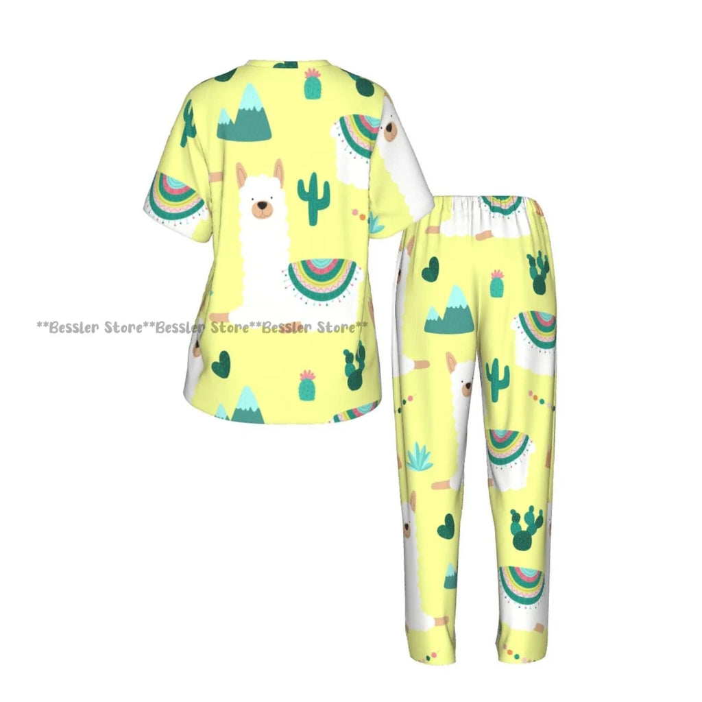 Women Pajama Sets Lounge Sleepwear Fun Llamas Cacti Mountains Garlands Short Sleeve Nightwear