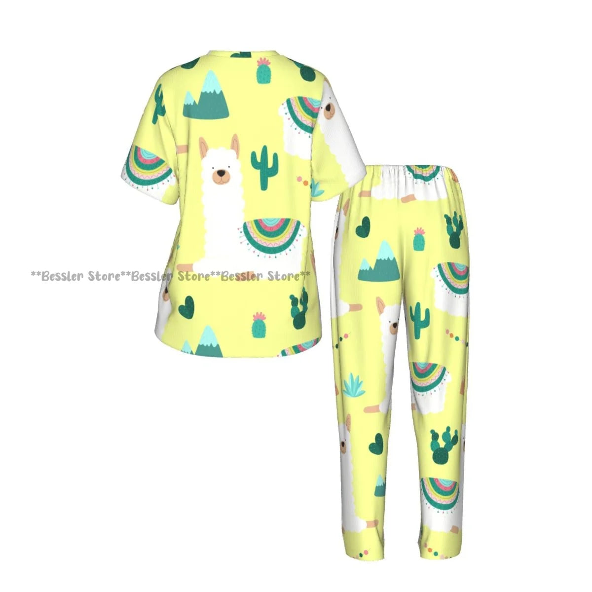 Women Pajama Sets Lounge Sleepwear Fun Llamas Cacti Mountains Garlands Short Sleeve Nightwear