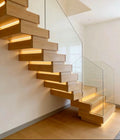 Solid Wood Stackable Staircase Step Lights Natural Oak Finish Recessed LED Glass Railing Customizable Indoor Villa Modern Homes