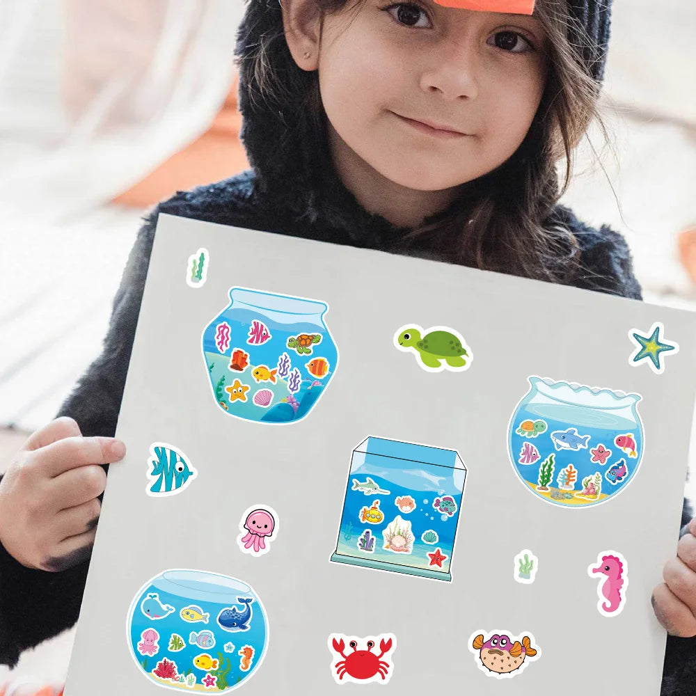 8/16Sheets Creative Fish Tank Cartoon Puzzle Stickers Kids Make Your Own DIY Game Children Jigsaw Sticker Toys Party Gifts