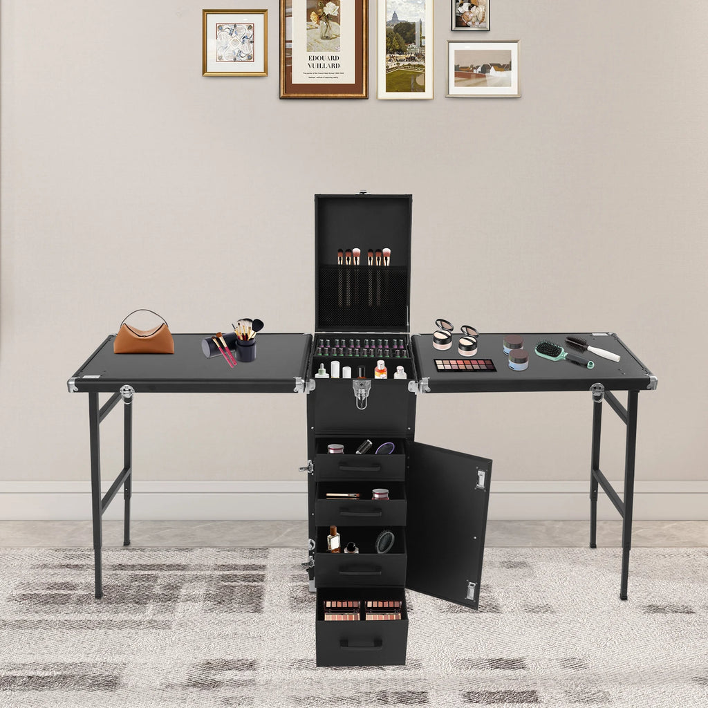 Portable Nail Table Desk Rolling Makeup Cosmetic Case 100kg Load Aluminum Alloy 4 Wheels with Brakes Foldable Side Tables 2 Keys 2 Codes Lockable Organizer for Nail Technician Makeup Artist Salon Home Travel