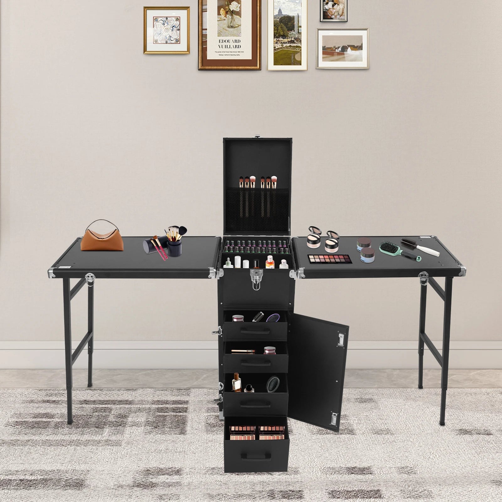Portable Nail Table Desk Rolling Makeup Cosmetic Case 100kg Load Aluminum Alloy 4 Wheels with Brakes Foldable Side Tables 2 Keys 2 Codes Lockable Organizer for Nail Technician Makeup Artist Salon Home Travel
