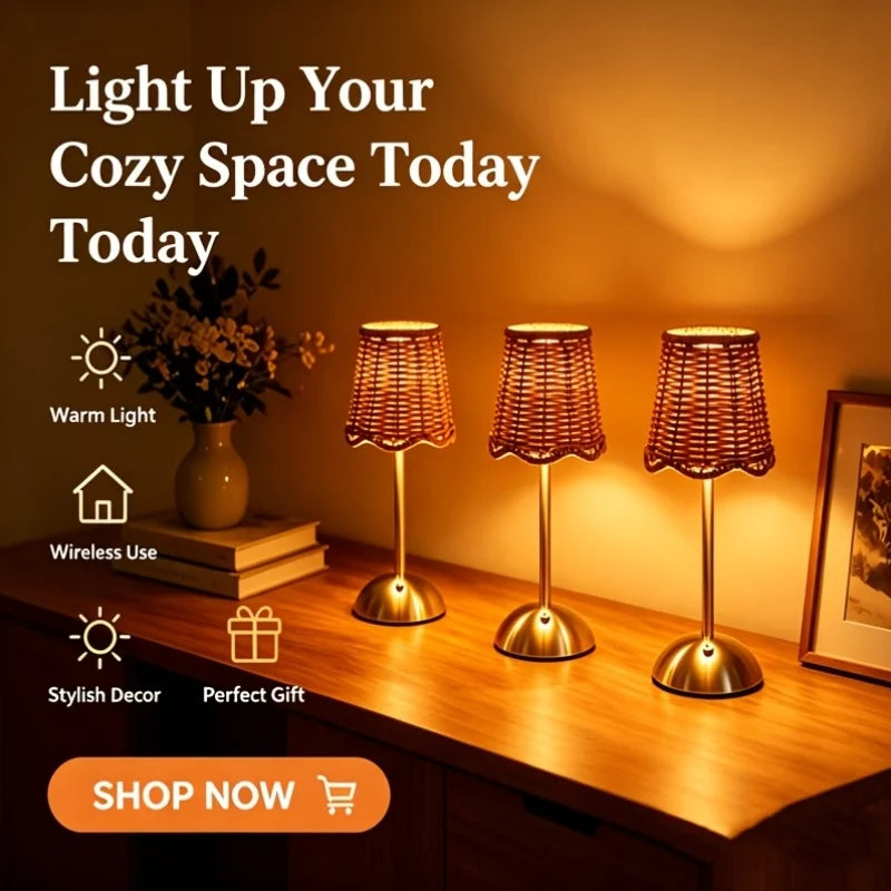 Bohemian Woven Rattan Art Table Lamp, 3-Level Dimmable Design with Touch Control And USB Power Supply. Made of Metal Material, Suitable for Lighting in Bedroom, Living Room, Study And Dining Room. A Great Gift Choice for Family And Friends