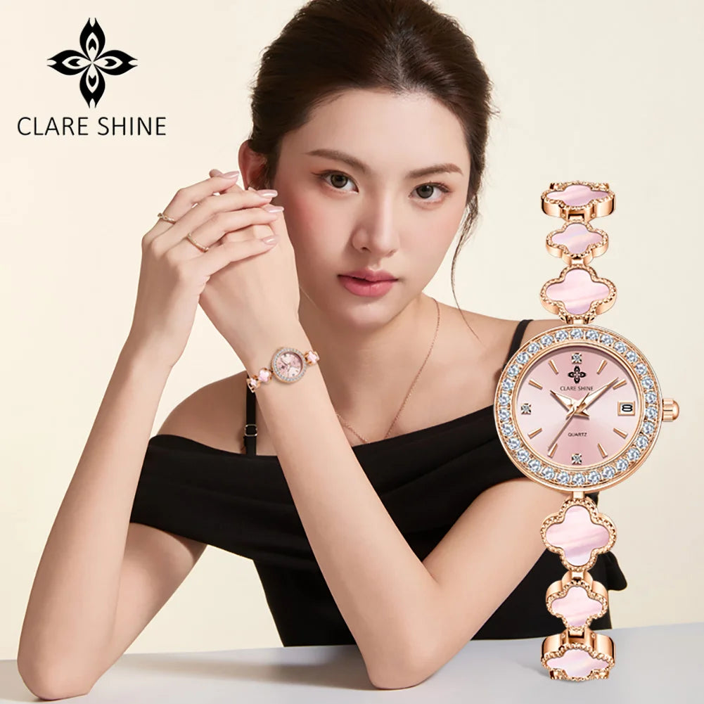 CLARE SHINE 7701 Lucky series small lucky four-leaf clover quartz women's watch with diamond bezel imported movement