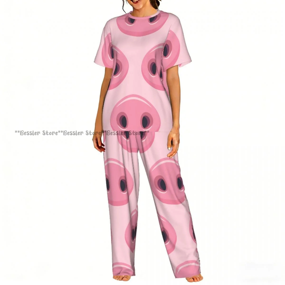 Women Pajama Sets Lounge Sleepwear Cartoon Pig Pink Background Short Sleeve Nightwear