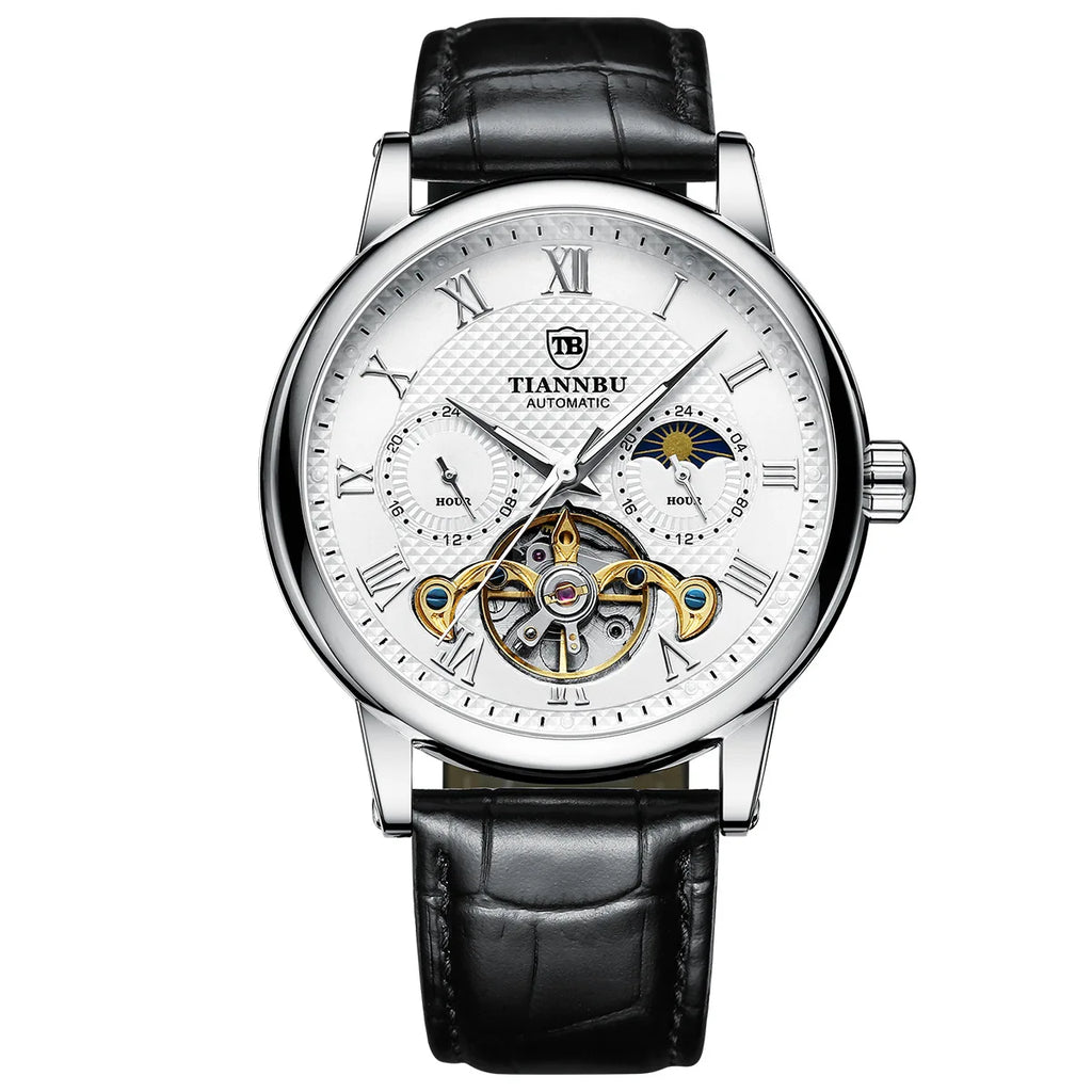 Automatic Mechanical Men's Watch with Luminous Hand Leather Band Waterproof Fashion and Sporty Style Sun Pattern High Quality