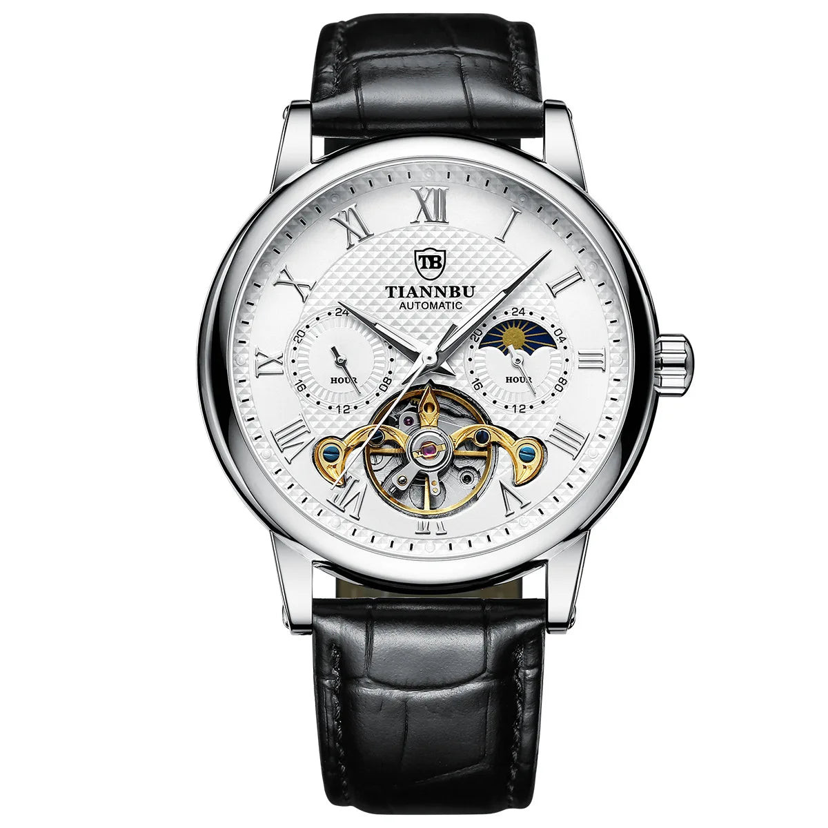 Automatic Mechanical Men's Watch with Luminous Hand Leather Band Waterproof Fashion and Sporty Style Sun Pattern High Quality