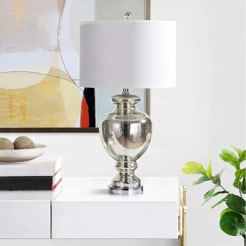 Mercury Silver Crackle Glass 28-inch Table Lamp with LED Bulbs for Bedroom, Living Room, Home Office, and Nightstand