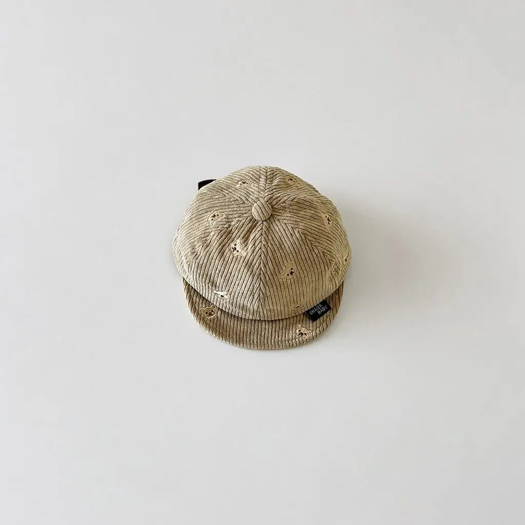 Spring Cotton Corduroy Bear Print Hat Cartoon Cute Baby Baseball Hat Solid Color Duck Tongue Cap Boys Girls Toddler Kids Hat