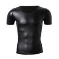 Leather Shirts for Young Men -High-end Short Sleeved Round neck Coat for Men- Motorcycle Style Shaper-Cool Male Trendy Shapewear