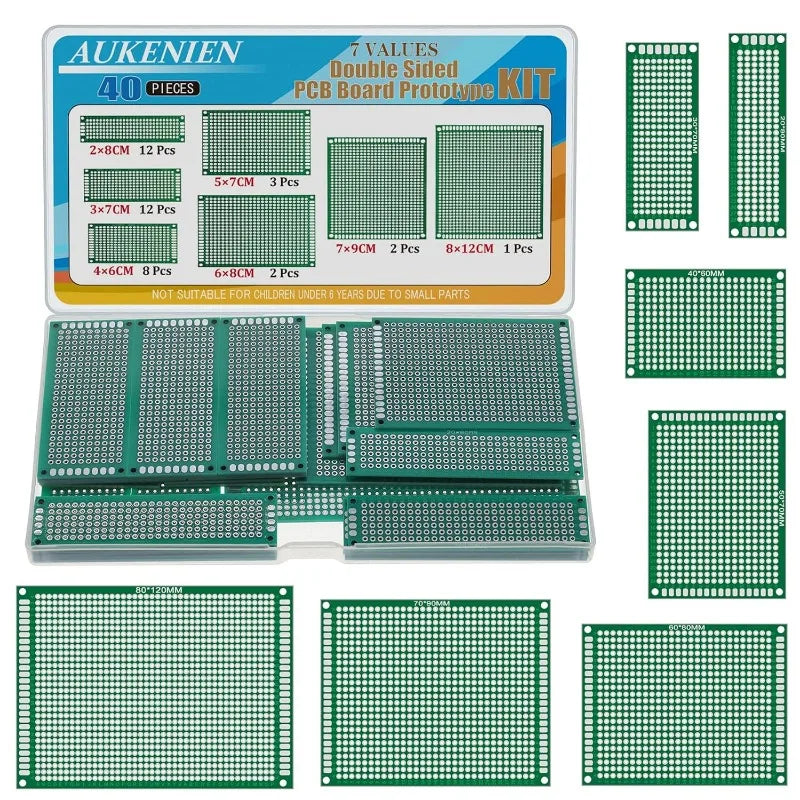 AUKENIEN 7 Values 40pcs Double Sided PCB Kit 2x8 3x7 4x6 5x7 6x8 7x9 8x12 Prototype Board For Arduino DIY Soldering
