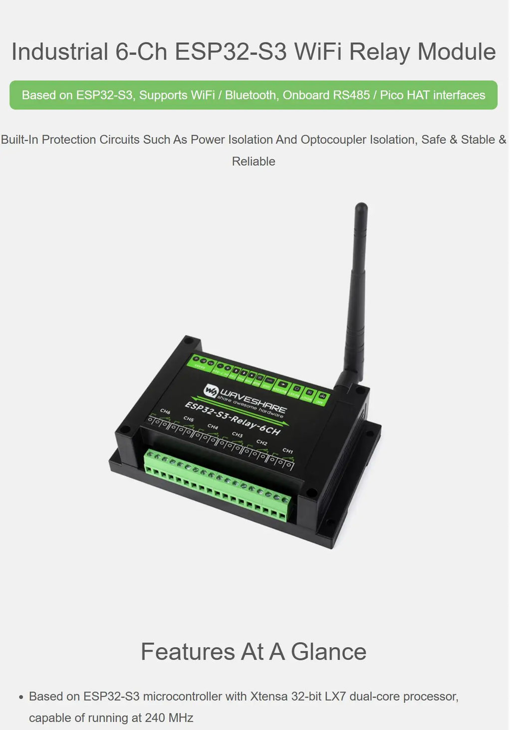 Industrial 6 relay Channel ESP32-S3 WiFi Relay Module Supports WiFi Bluetooth RS485 control Onboard RS485 Pico HAT interfaces