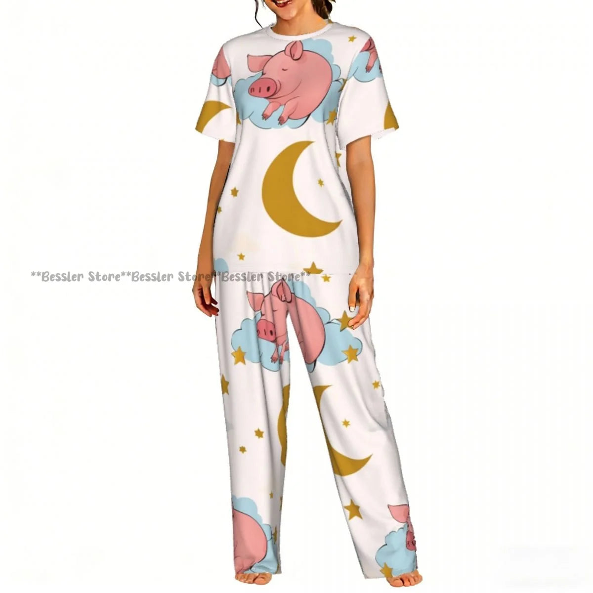 Women Pajama Sets Lounge Sleepwear Cartoon Pig Pink Background Short Sleeve Nightwear