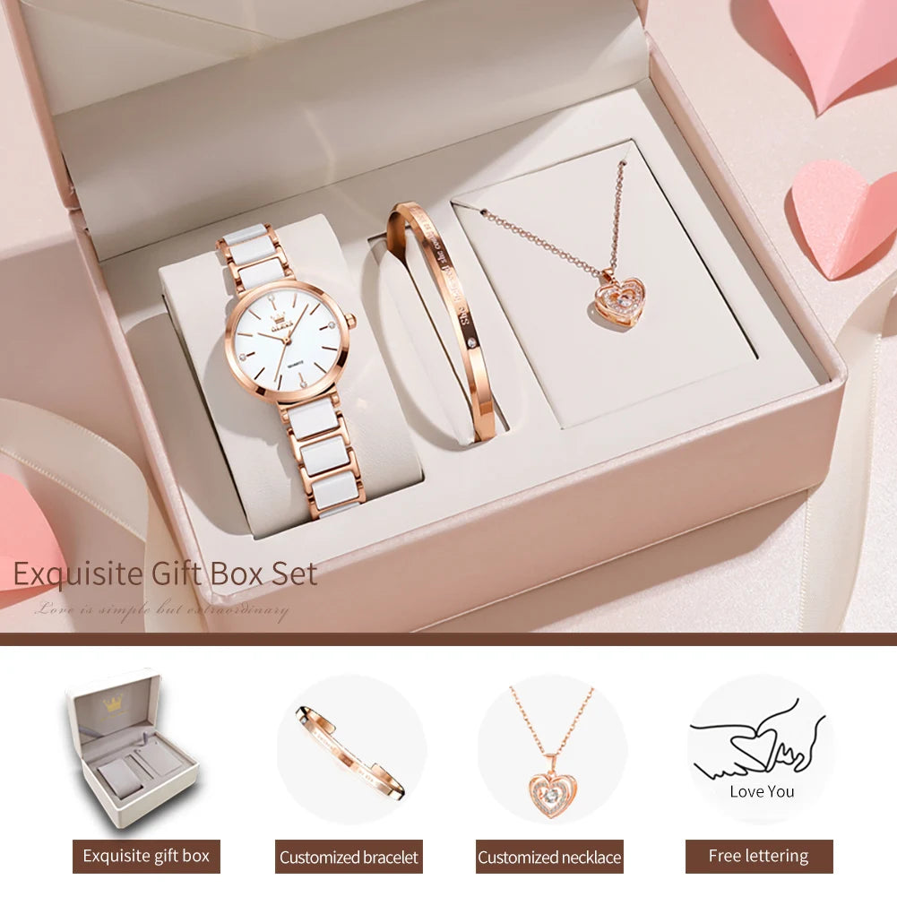 OLEVS Women Watch 5877 Luxury Elegant Quartz Watch Waterproof Luminous Ceramic Strap Ladies Watch Bracelet Set Gift Box Reloj
