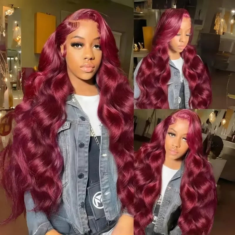 99J Dark Burgundy Colored Body Wave With Bangs Human Hair Wig 13x6 Lace Frontal Wig 13X6 Red Lace Front Human Hair Wigs 13X4 Burgundy 99J Lace Front Wigs Pre Plucked Black Women