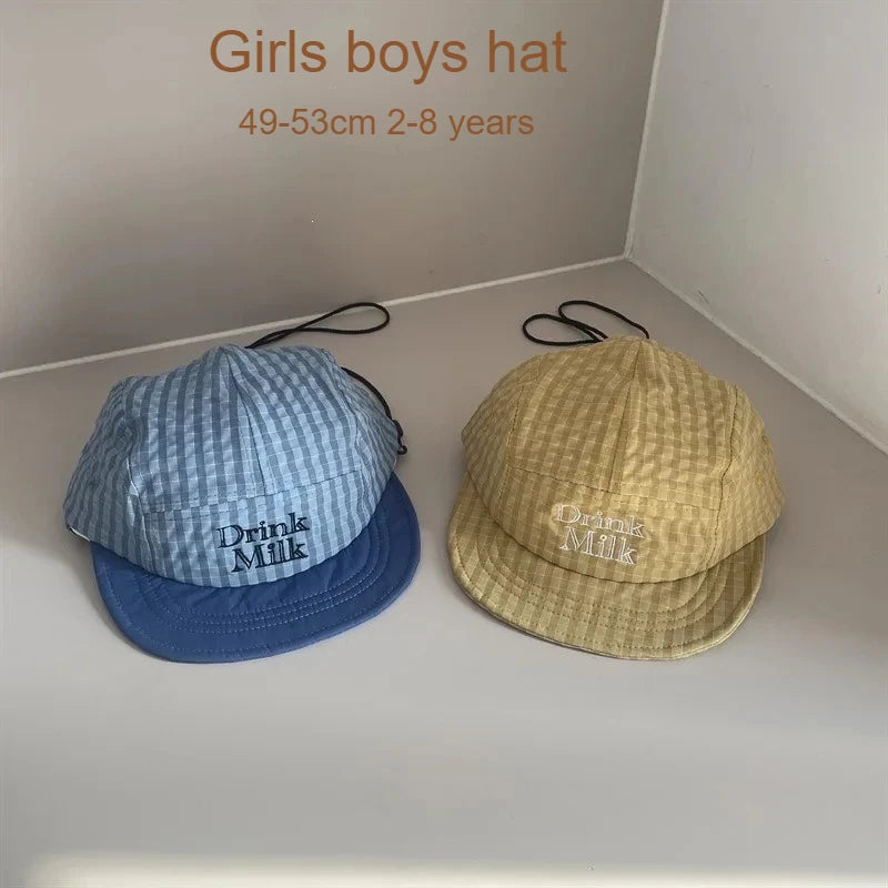 Kids Soft Brim Baseball Cap 49-53cm 2-8 Years Fashion Plaid Embroidery Sun Hat Boys Girls Baby Parent-child Adjustable Casquette