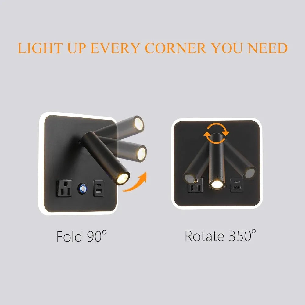 Adjustable Dimmable LED Wall Reading Lamp with Dual USB Ports, 3000K, Black - Ideal for Bedroom and Hotel Use