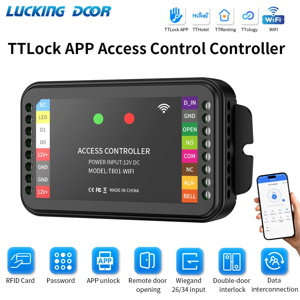 TTLock 2.4G WiFi Access Control Controller Supports APP Remote Unlock RFID Card Password Wiegand Input Double Door Interlock