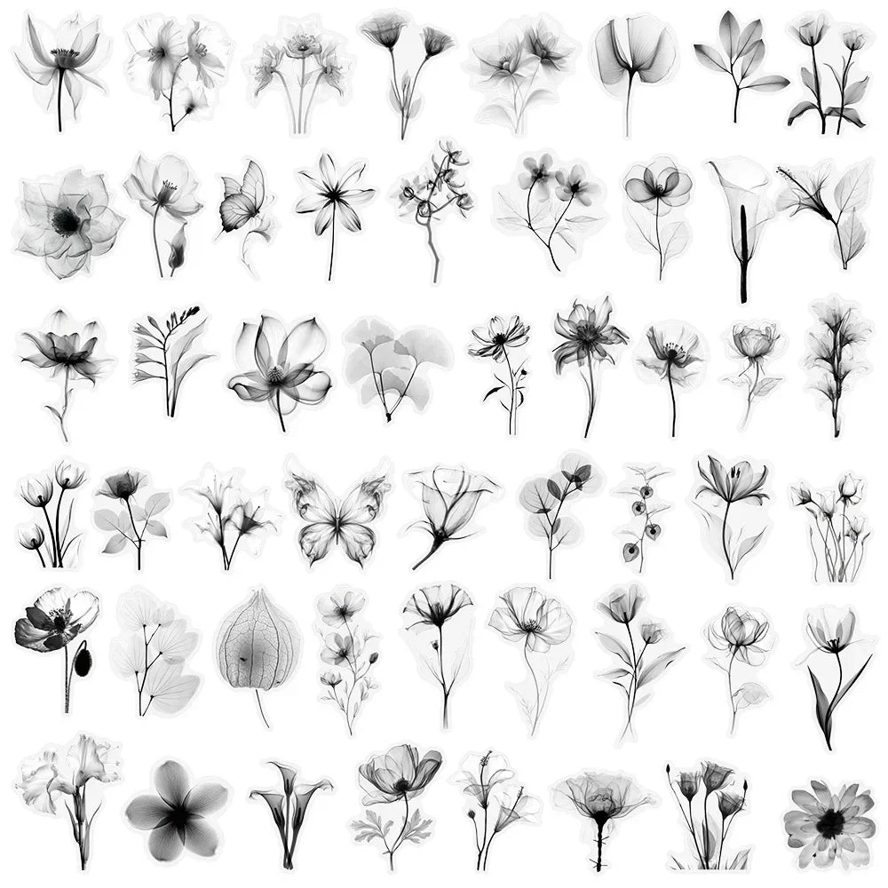 50PCS Black and White Transparent Flowers Graffiti Sticker Flowers Cartoon PET Decal Cup Notebook Phone Guitar Fridge Kid Toys