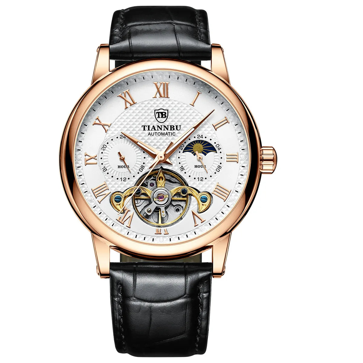 Automatic Mechanical Men's Watch with Luminous Hand Leather Band Waterproof Fashion and Sporty Style Sun Pattern High Quality