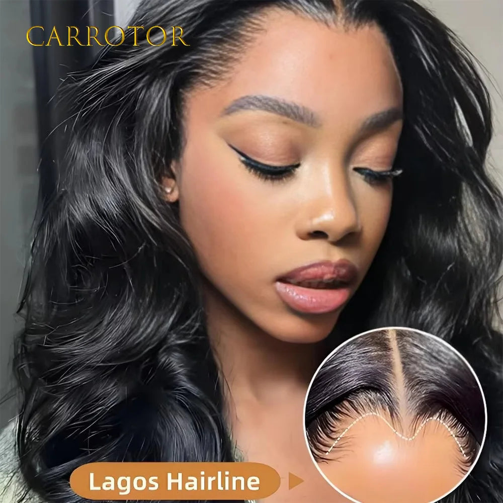 New Trend Lagos Hairline Body Wave 250% Natural Black Color 13x4 Lace Frontal Glueless Wigs Human Hair Pre Plucked Woman Wigs