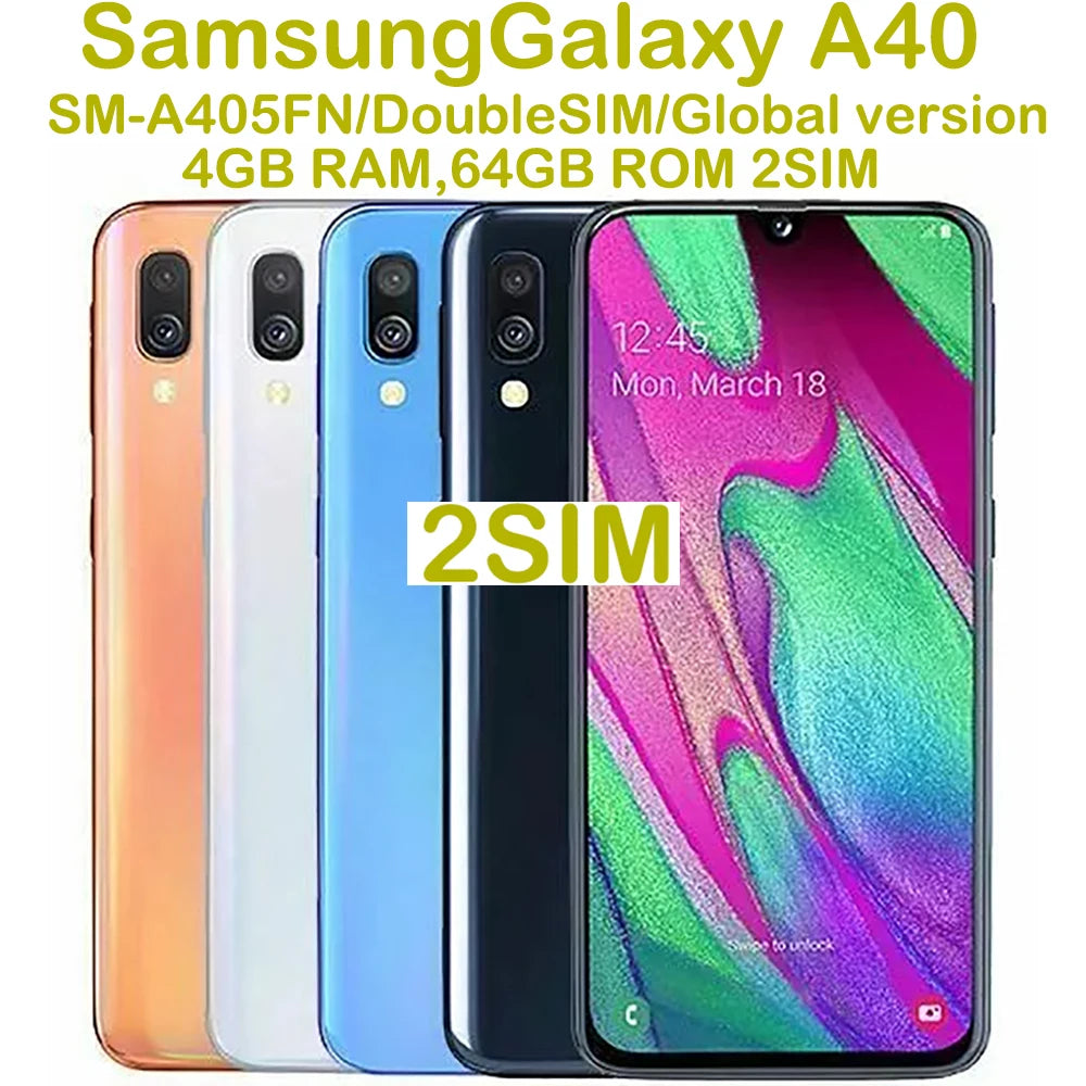 Refurbished Samsung Galaxy A40 Smart Android Phone Global Edition 2SIM 5.9-inch AMOLED 25MP Samsung Smartphone 3100mAh 15WUnlock