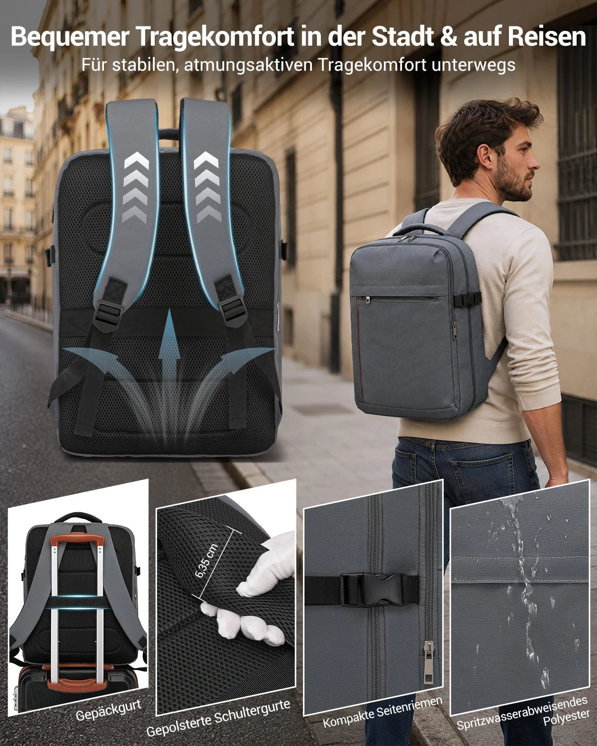 Kono Handgepäck Rucksack 45x36x20cm, 32L Laptoprucksack für 17,3 Zoll Notebook, Wasserabweisender Polyester Reiserucksack mit USB Ladeanschluss, Handgepäck Flugzeug Wochenendrucksack für Business und Kurzreisen